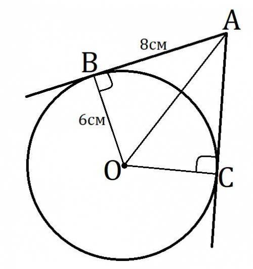 Решить ав и ас - отрезки касательных проведенных к окружности радиуса 6см найти длину оа и ас, если