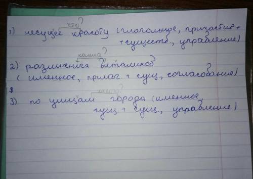 Сделайте синтаксический разбор следующих словосочетаний: несущее красоту,различных витаминов,по улиц