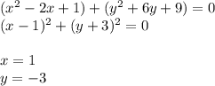(x^2-2x+1)+(y^2+6y+9)=0 \\ (x-1)^2+(y+3)^2=0 \\ \\ x=1 \\ y=-3