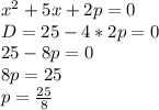 x^2+5x+2p=0 \\ D=25-4*2p=0 \\ 25-8p=0 \\ 8p=25 \\ p= \frac{25}{8}