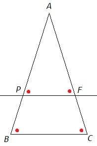Вравнобедренном треугольнике abc, ab=ac. прямая pf пересекает боковые стороны ab и ас в точках р и f