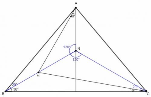 Внутри плоского равнобедренного треугольника abc с основанием bc взято такую точку m, что ∠mbc=30°,