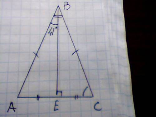 Втреугольнике авс ав= вс, ве - медиана треугольника авс. угол аве= 41 градус. найдите углы авс и сев