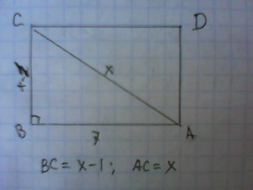 Одна из сторон прямоугольника равна 7 см а его диагональ на 1 см больше за его другую сторону найите