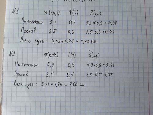 №1 собственная скорость лодки 3,8 км/ч, а скорость течения реки 1,3 км/ч. сначала лодка шла 0,3ч про