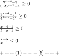 \frac{ 3^{x-4}-3 }{ 0.25^{x-2} -4} \geq 0 \\ \\ \frac{ 3^{x-4}-3^1 }{ 4^{2-x} -4^1} \geq 0 \\ \\ \frac{x-4-1}{2-x-1} \geq 0 \\ \\ \frac{x-5}{x-1} \leq 0 \\ \\ +++(1)---[5]+++ \\ \\