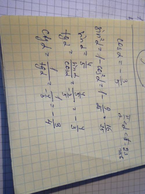 Найдите остальные тригонометрические функции, если известно, что cos a= -3/5 т п/2