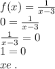 f(x) = \frac{1}{x - 3} \\ 0 = \frac{1}{x - 3} \\ \frac{1}{x - 3} = 0 \\ 1 = 0 \\ xe \: .