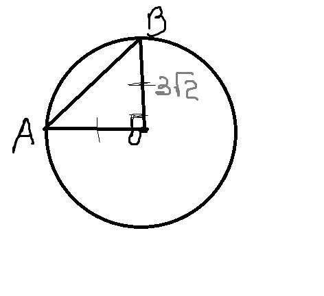 Вокружности с центром в точке о и радиусом 3√2 проведена хорда ав так,что угол аов равен 90°. найдит