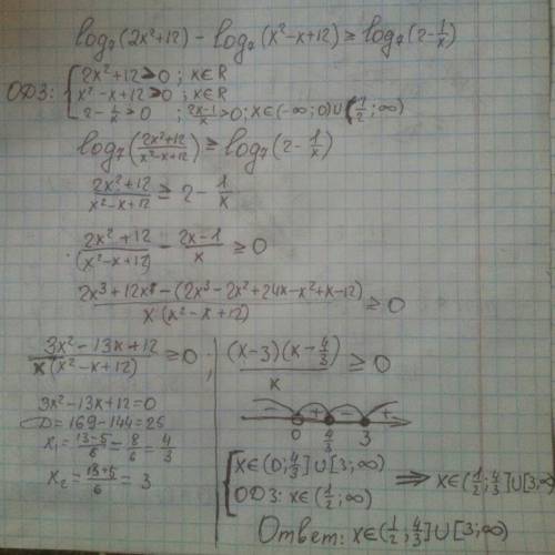 Кто-нибудь может решить неравенство log 7(2x^2+12)-log 7(x^2-x+12)> =log7(2-1/x)