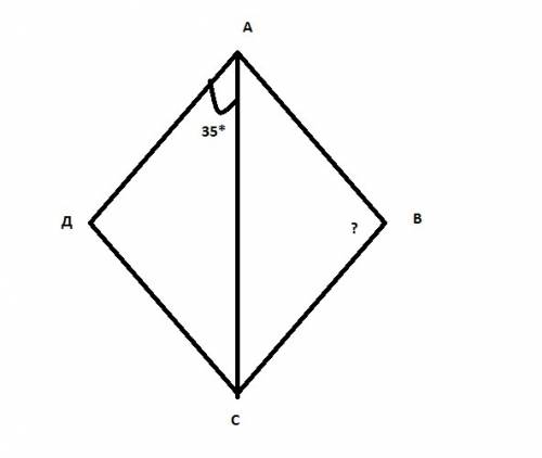 Вромбе авсд проведена диагональ ас, угол сад равен 35 градусов. найдите угол авс