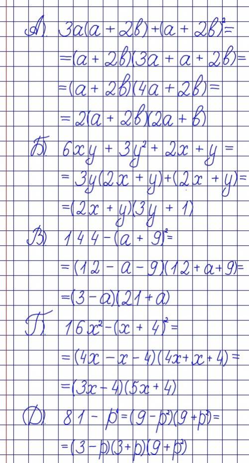Разложить на множители а) 3а(а +2в)+ (а +2в)² б) 6ху +3у2 +2х+ у; в) 144 – (а+9)² г) 16х2 – (х + 4)²