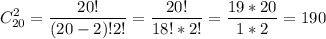 \displaystyle C_{20}^2= \frac{20!}{(20-2)!2!}= \frac{20!}{18!*2!}= \frac{19*20}{1*2}=190