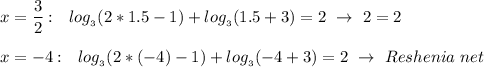 x = \dfrac{3}{2}: \ \ log_{_{3}}(2 *1.5-1) + log_{_{3}}(1.5+3) = 2 \ \rightarrow \ 2 = 2 \\ \\ x = -4: \ \ log_{_{3}}(2*(-4)-1) + log_{_{3}}(-4+3) = 2 \ \rightarrow \ Reshenia\ net
