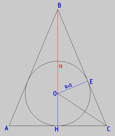 Центр кола ,вписаного у рівнобедрений трикутник ,ділить висоту ,проведену до основи ,на відрізки , д