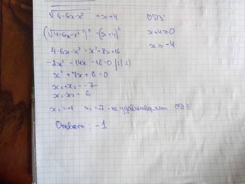 Решить иррациональное уравнение √4-6х-х²=х+4