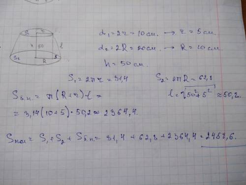 Найти площадь полной поверхности и объём усеённого конуса, у которого диаметры оснований равны 10 см