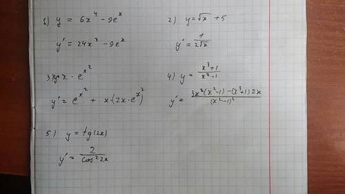 Найти производную функции y=6x^4-9e^x y= y=x* e^x^2 y= y=tg(2x)