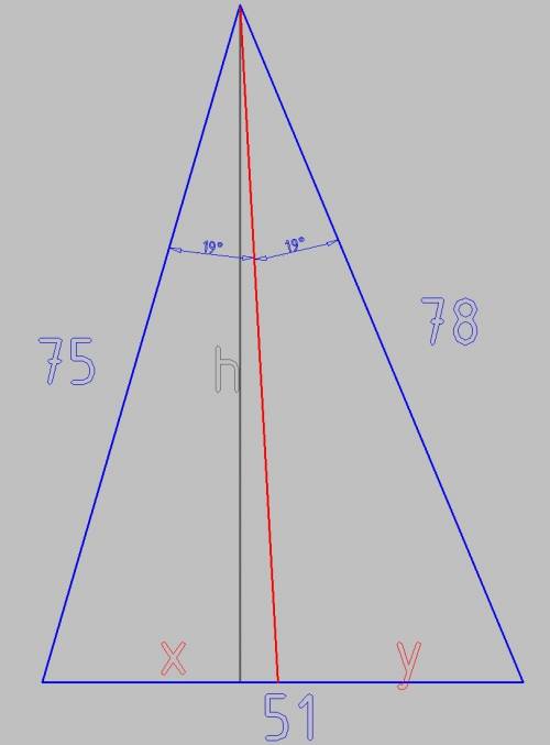 Стороны треугольника равны 75 см, 51 см, 78 см. вычислить площади частей треугольника, на которые ег