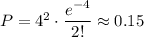 P=4^2\cdot \dfrac{e^{-4}}{2!} \approx0.15