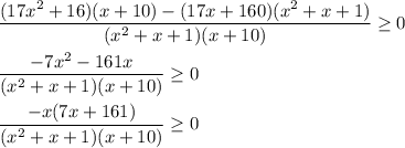 \displaystyle \frac{(17x^2+16)(x+10)-(17x+160)(x^2+x+1)}{(x^2+x+1)(x+10)} \geq 0\\\\ \frac{-7x^2-161x}{(x^2+x+1)(x+10)} \geq 0\\\\ \frac{-x(7x+161)}{(x^2+x+1)(x+10)} \geq 0