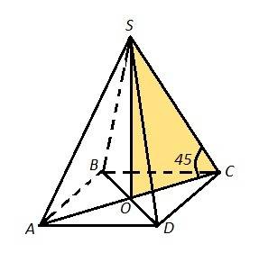 Боковое ребро правильной четырехугольной пирамиды наклонено к поверхности основания под углом 45 гра