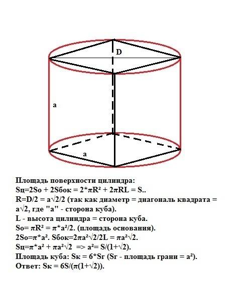 Около куба описан цилиндр, полная площадь поверхности которого равна s. найдите площадь поверхности