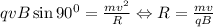 qvB\sin 90^{0}= \frac{mv^{2}}{R} \Leftrightarrow R= \frac{mv}{qB}