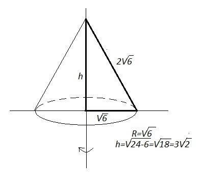 Найдите объем конуса,полученного вращением равностороннего треугольника со стороной 2√6 вокруг своей