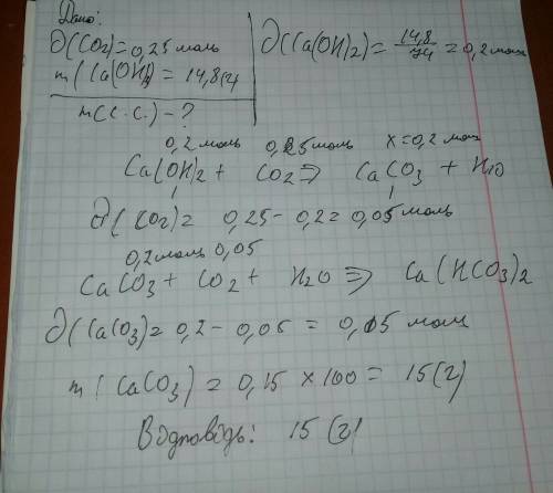 Крізь вапняну воду, що містить кальцій гідроксид масою 14,8 г, пропустили карбон(iv) оксид кількістю
