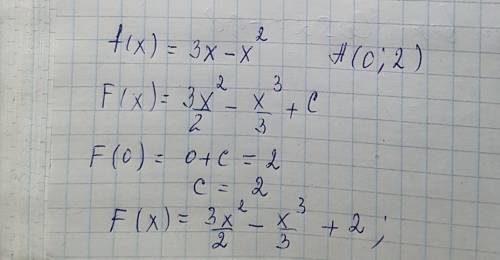 Для функции f x найдите первообразную график которой проходит через точку а : f(x)=3x-x^2,a(0; 2)