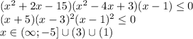 (x^{2}+2x-15)(x^{2}-4x+3)(x-1)\leq0 \\ (x + 5)(x - 3)^{2}(x - 1)^{2} \leq0 \\ x \in (\infty; -5] \cup (3) \cup (1)