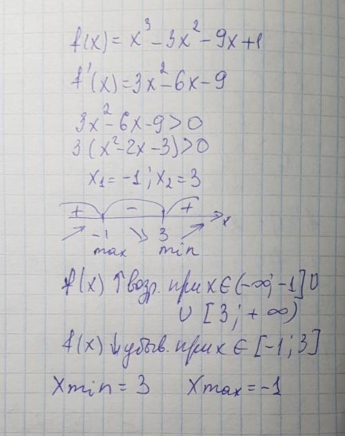 Надо определить промежутки возрастания функции и точку минимума: f (x)=x3-3x2-9x+1