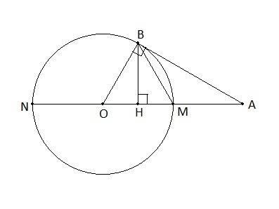 Кокружности проведена касательная ab(b- точка касания). прямая am проходит через центр окружности и