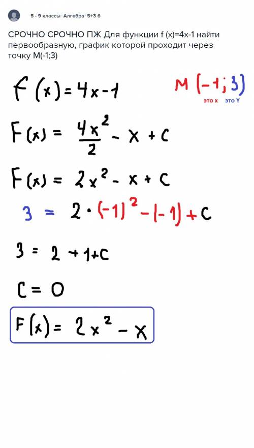 Для функции f (x)=4x-1 найти первообразную, график которой проходит через точку м(-1; 3)