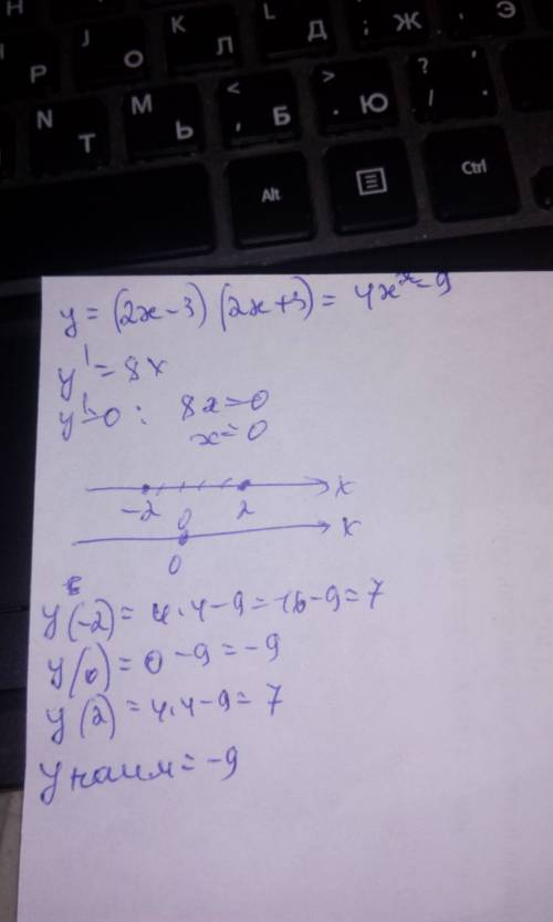Найдите наименьшее значение функции: y=(2x-3)(2x+3) на отрезке [-2; 2] ,