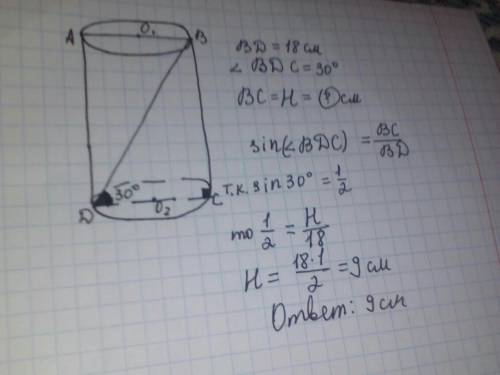 Диагональ осевого сечения цилиндра равна 18 см, с основанием цилиндра она образует угол в 30°. опред