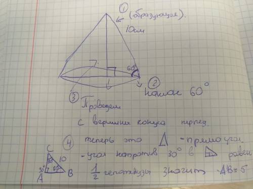 Образующая конуса равна 10 см,наклонена к плоскости основания под углом 60. найдите площадь основани