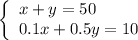 \left\{\begin{array}{l} x+y=50 \\ 0.1x+0.5y=10 \end{array}