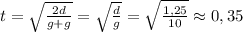 t=\sqrt{\frac{2d}{g+g}}=\sqrt{\frac{d}{g}}=\sqrt{\frac{1,25}{10}} \approx 0,35