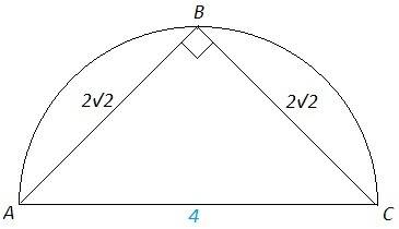 Равнобедренный треугольник abc со сторонами ab=bc=2 sqrt 2 вписан в полукруг так что ac является диа