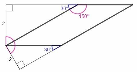 Дві висоти паралелограма проведені з вершини гострого кута дорівнюють 2 і 3 см,кут між ними 150. обч