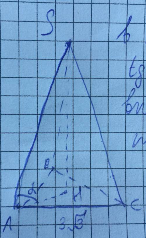 Сторона основания правильной треугольной пирамиды равна 3√3, а боковое ребро наклонено к плоскости о
