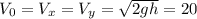 V_{0}=V_{x}=V_{y}=\sqrt{2gh} = 20