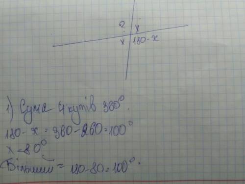 Сума трьох кутів, одержаних при перетинанні двох прямих, дорівнює 260°. знайти більший з цих кутів