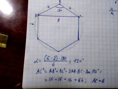 Сторона правильного шестикутника 4 см. знайти найменшу діагональ