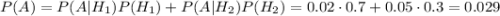 P(A)=P(A|H_1)P(H_1)+P(A|H_2)P(H_2)=0.02\cdot 0.7+0.05\cdot0.3=0.029