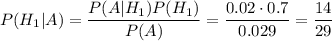 P(H_1|A)=\displaystyle \frac{P(A|H_1)P(H_1)}{P(A)}=\frac{0.02\cdot0.7}{0.029} =\frac{14}{29}