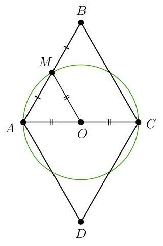 Коло побудоване на діагоналі ac ромба abcd, як на діаметрі проїодить через середигу сторони ab. знай