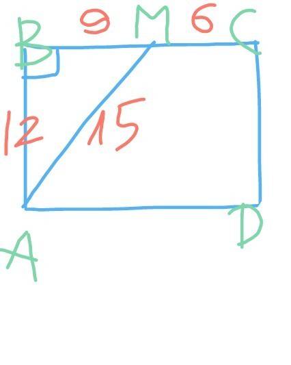Впрямоугольнике abc ab =12 см. точка m принадлежит стороне bc, mc=6 см, am=15 см. найдите площадь пр